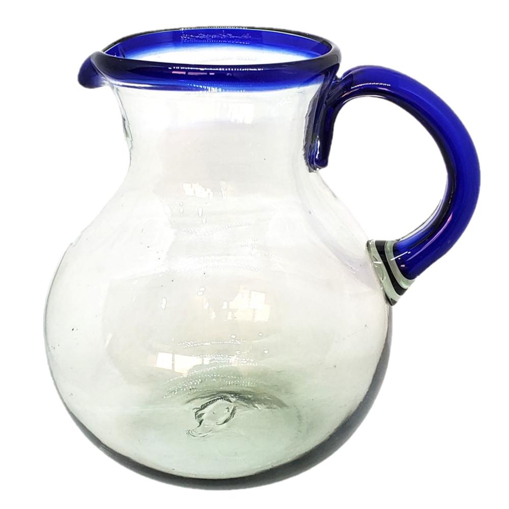 Wholesale MEXICAN GLASSWARE / Cobalt Blue Rim 120 oz Large Bola Pitcher / This classic pitcher is perfect for pouring out all kinds of refreshing drinks.